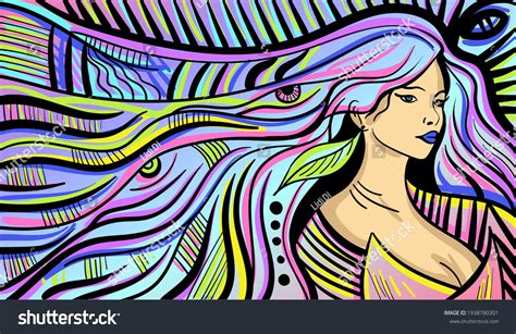 Colourful Psychedelic Line Art Abstract Woman Stock Vector Royalty