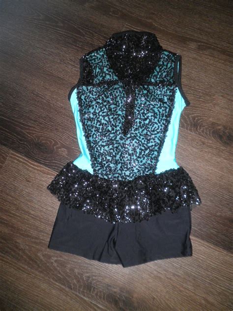 Mc Preloved Solo Aqua Black Sequin Zip Up Unitard Size Mc Dance