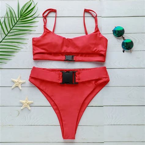 Conjunto De Bikini Unicolor De Cintura Alta Para Mujer Ba Ador Sexy