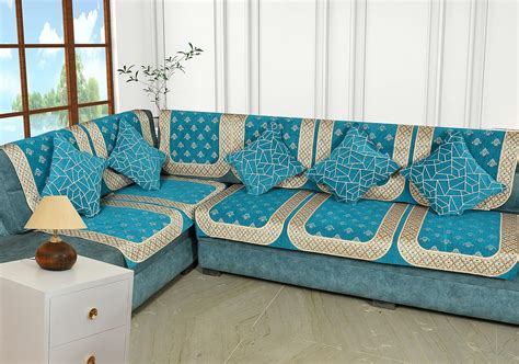 Sawna Homes L Shape Seater Velvet Chenille Sofa Cover Set Printed