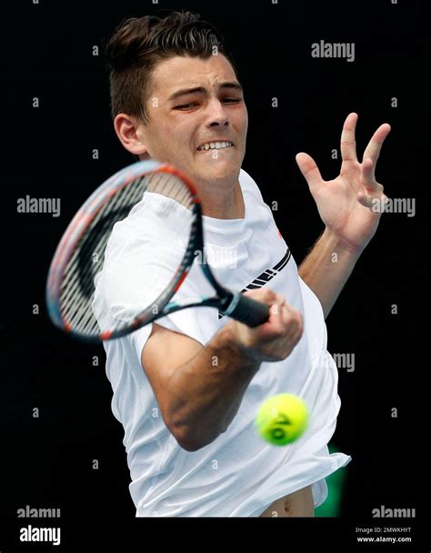 Taylor Fritz of the US plays a forehand return to Luxembourg's Giles ...