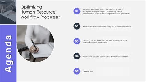 Agenda Optimizing Human Resource Workflow Processes Presentation Graphics Presentation