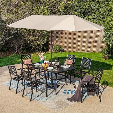 PHI VILLA 8 Piece Metal Patio Outdoor Dining Set With Beige Umbrella