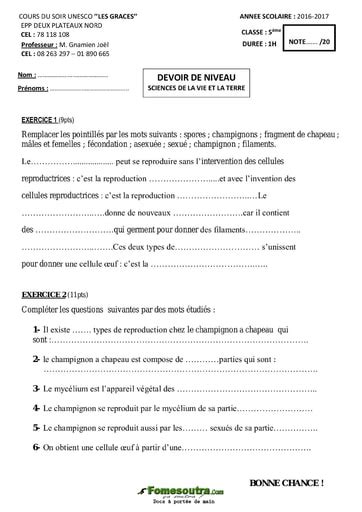 Devoir Sciences De La Vie Et De La Terre Svt Niveau 5eme Cours Du Soir Les Graces