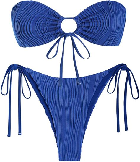 ZAFUL Women S Bandeau Bikini Set Tie Side Swimwear O Ring Cinched Strapless Swimsuit Halter Two