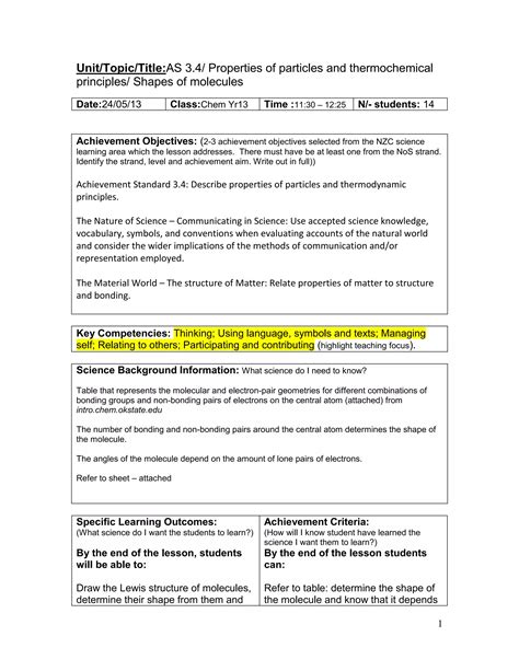 Lesson Plan Shapes Of Molecules Pdf