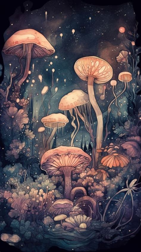 Ethereal Mushroom Space Illustration Pop Art Wallpaper Mushroom Art