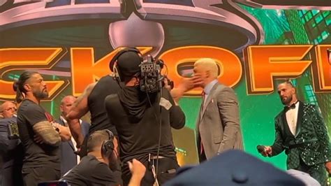 The Rock Slaps Cody Rhodes At Wwe Wrestlemania Xl Kickoff Press Event