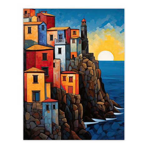 Cinque Terre Coastal Sunrise Acrylic Painting Italy Fishing Villages