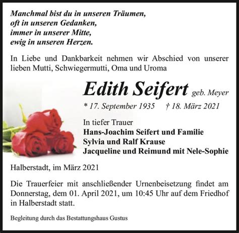 Traueranzeigen Von Edith Seifert Geb Meyer Abschied Nehmen De