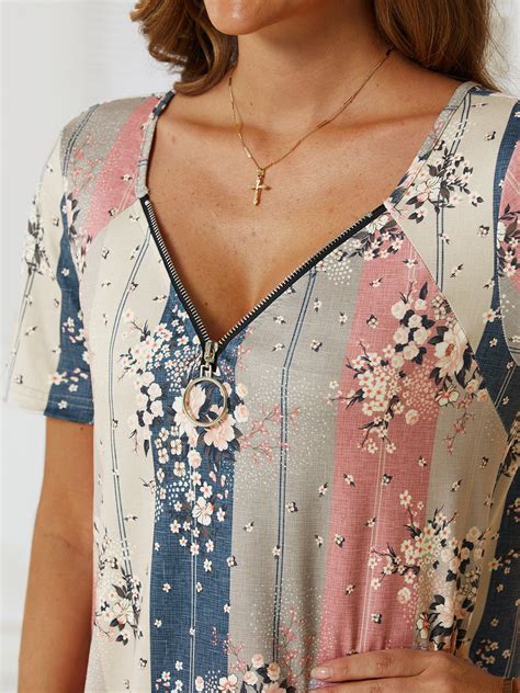 Womens V Neck Floral Loosen Casual Short Sleeve Top Anniecloth