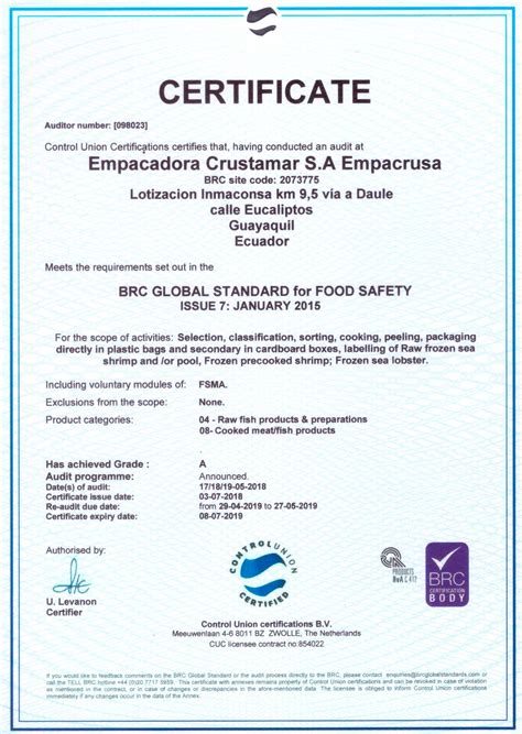 Certificates Crustamar Shrimp Packaging