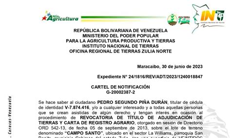 Inti Cartel De Notificaci N De Revocatoria Pedro Segundo Pi A Dur N