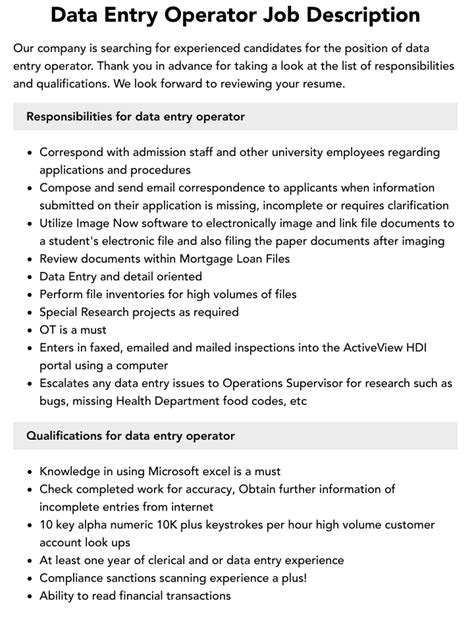 Data Entry Operator Job Description Velvet Jobs