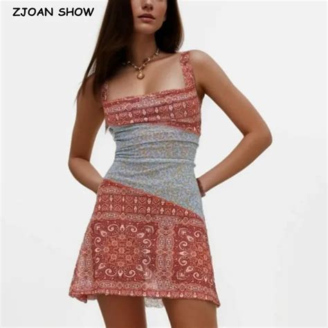 2024 Sexy Ruched U Collar Contrast Color Totem Flower Print Mini Mesh