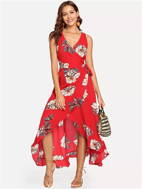 Surplice Neck Floral Ruffle Hem Shell Dress Shein Sheinside Em 2019