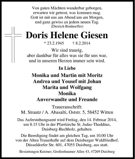 Traueranzeigen Von Doris Helene Giesen Trauer In Nrw De