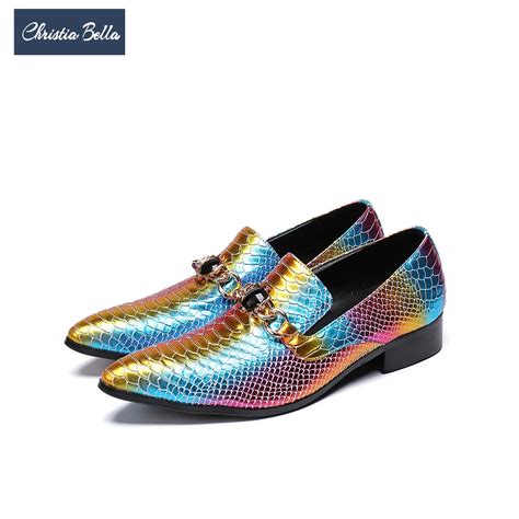 Christia Bella Luxury Multicolor Genuine Leather Men Shoes Metal Chains Pointed Toe Men Dress