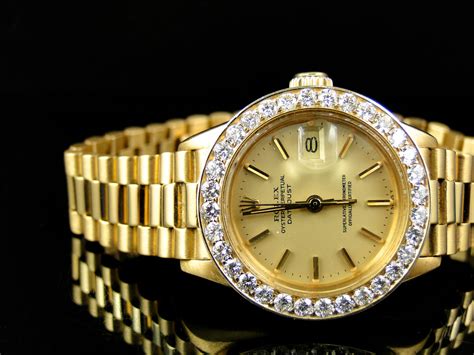 Pre Owned Ladies 26mm Rolex President Datejust 18k Yellow Gold Diamond Watch Ebay