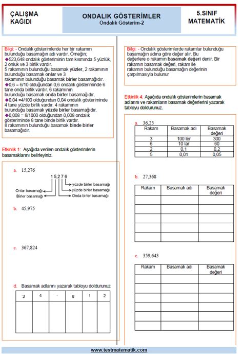 Sinif Ondalik G Ster Mler Ali Ma Ka Idi Test Matematik