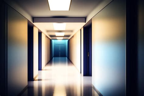 A Long Hallway With A Blue Door And A White Light On The Wall Ai