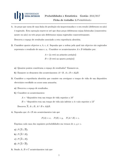 Ficha 1 ge Probabilidades e Estat ıstica Gest ao 2016 Ficha de