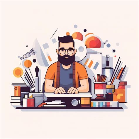 Un hombre está trabajando en una computadora con una barba Vector Premium