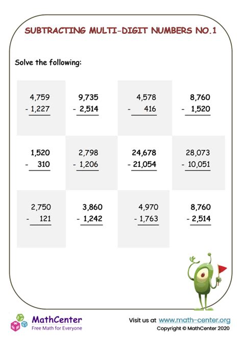 Fourth Grade Worksheets Multi Digit Subtraction With Regrouping Math Center