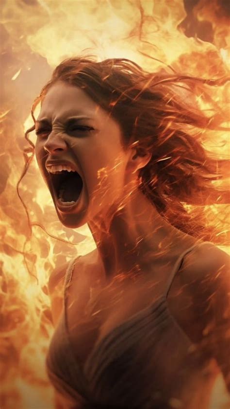 A Woman With Her Mouth Open And Fire In The Air Behind Her As If She