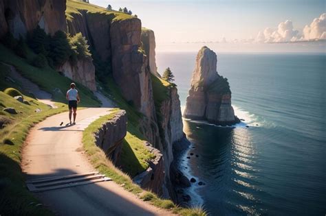 Premium AI Image A Man Walks Along A Road With A Large Rock Formation