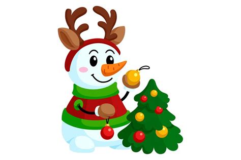 Christmas preparation. Cartoon snowman decorating tree with