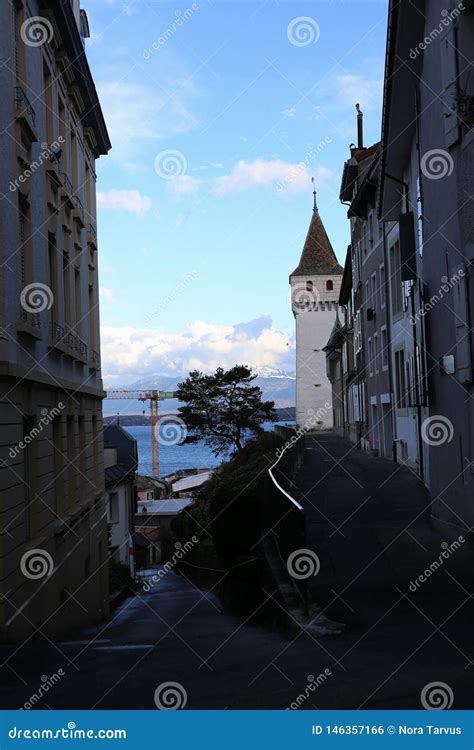 View from Downtown Nyon, Switzerland Towards the Castle of Nyon Editorial Photo - Image of ...