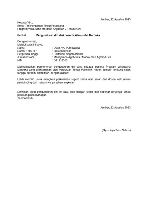 Template Surat Pengunduran Diri Sebagai Mahasiswa 1 Pdf