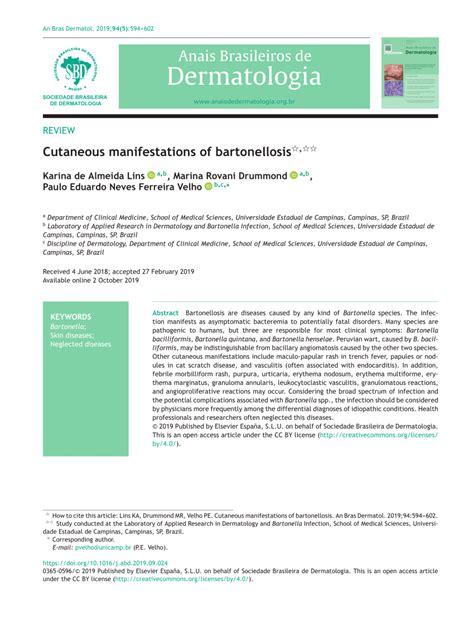 Pdf Cutaneous Manifestations Of Bartonellosis