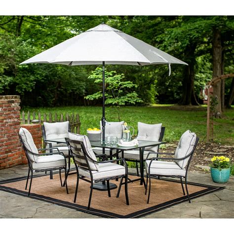 Hanover Lavallette 7-Piece Outdoor Dining Set with Table Umbrella and ...