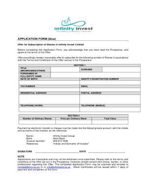 Fillable Online APPLICATION FORM Blue Infinity Invest Group Fax