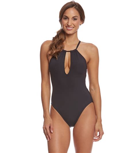 Kenneth Cole Sexy Solids Keyhole High Neck One Piece Swimsuit At