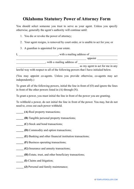 Oklahoma Statutory Power Of Attorney Form Fill Out Sign Online And Download Pdf Templateroller