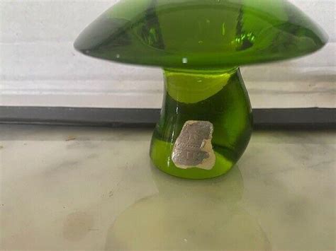 Vintage Viking Glass Mushroom Paperweight Small Viking Green W Partial