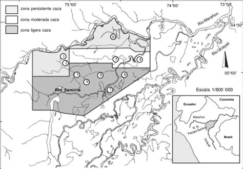 Mapa de la Reserva Nacional Pacaya Samiria mostrando las áreas censadas