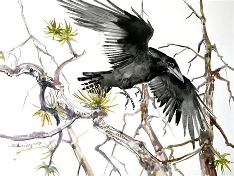 Flying Crow In The Forest 2021 Watercolour By Suren Nersisyan Raven