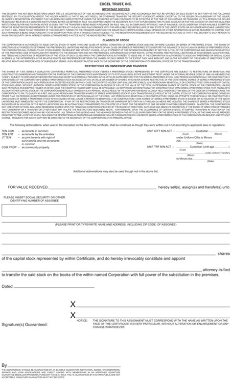 Excel Trust Inc Form 8 K Ex 41 Specimen Certificate For 700