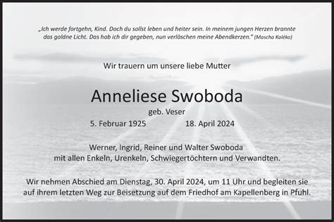 Traueranzeigen Von Anneliese Swoboda S Dwest Presse Trauer