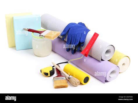 Wallpaper and accessories for glue wallpaper, isolated on white Stock ...