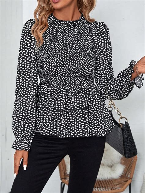 SHEIN Clasi Dalmatian Print Flounce Sleeve Peplum Blouse SHEIN USA