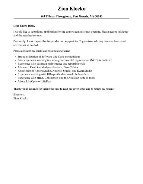 Cognos Administrator Cover Letter Velvet Jobs