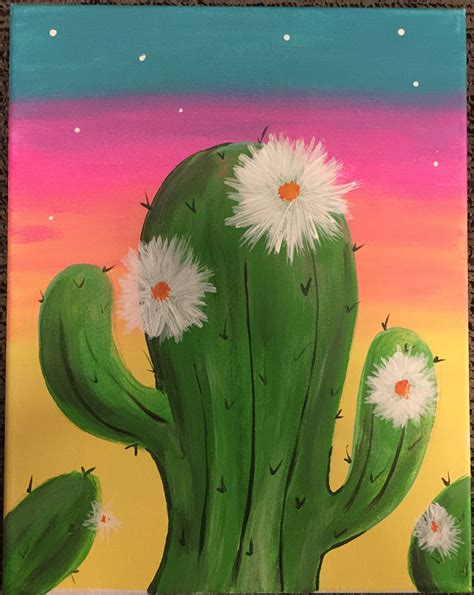 Cactus Painting With Sunset Mini Canvas Art Painting Embroidered