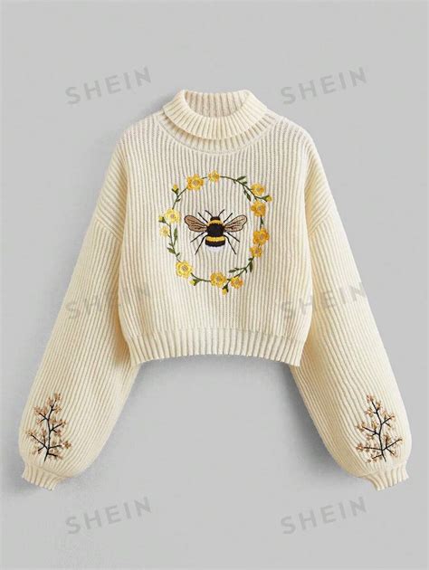 ROMWE Fairycore Women S Bee Embroidered Drop Shoulder Half Turtleneck