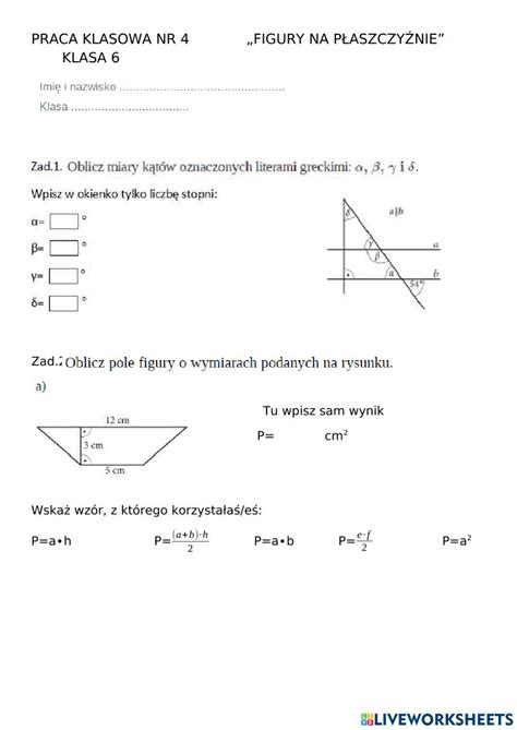 Praca Klasowa Nr 4 Figury Na Płaszczyźnie Klasa 6 Online Exercise For