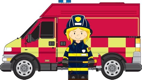 premium vector cute cartoon firefighter girl  fire engine